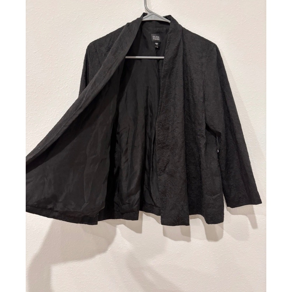 Eileen Fisher Black 100% Silk Embroidered Open Front Jacket Shawl Collar Small - Picture 4 of 12